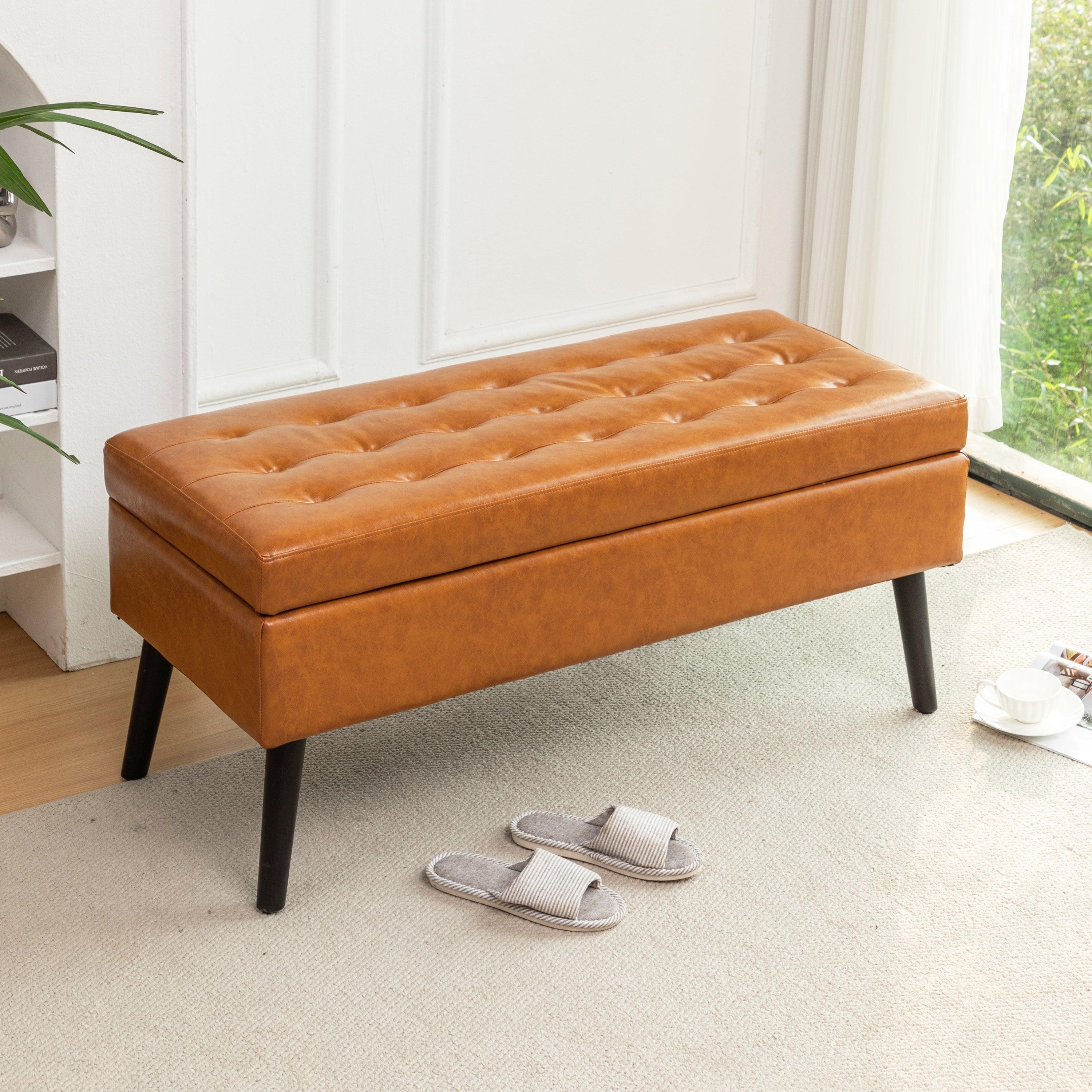 Brown Leather Storage Bench: Bedroom, Entryway Ottoman