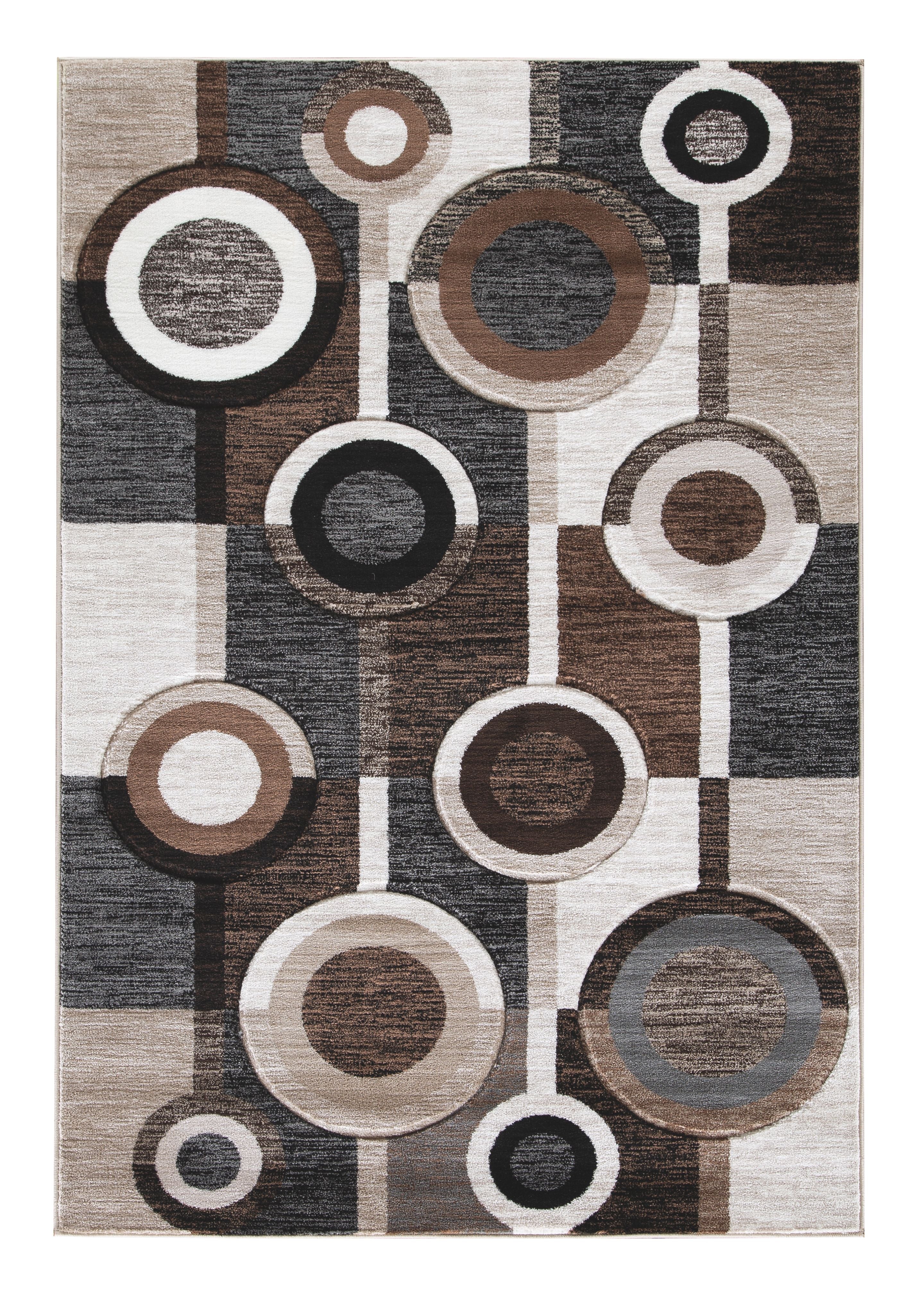 Geometric area rug with ring circles in dark brown, charcoal, and cream