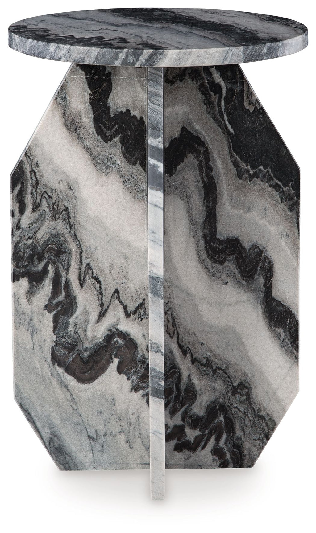 Accent table with round top and faceted hexagonal base, black and gray marble-look
