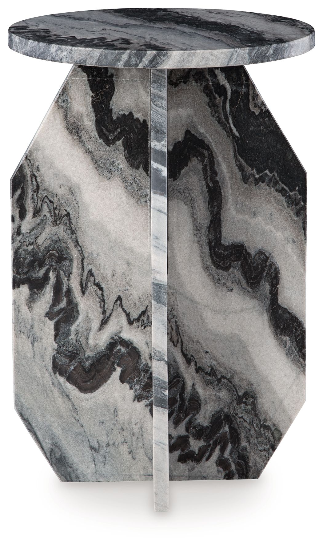 Accent table with round top and faceted hexagonal base, black and gray marble-look