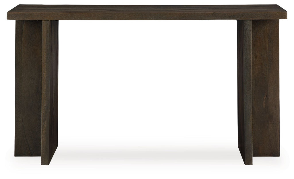 Grayish brown console sofa table front view with thick straight legs