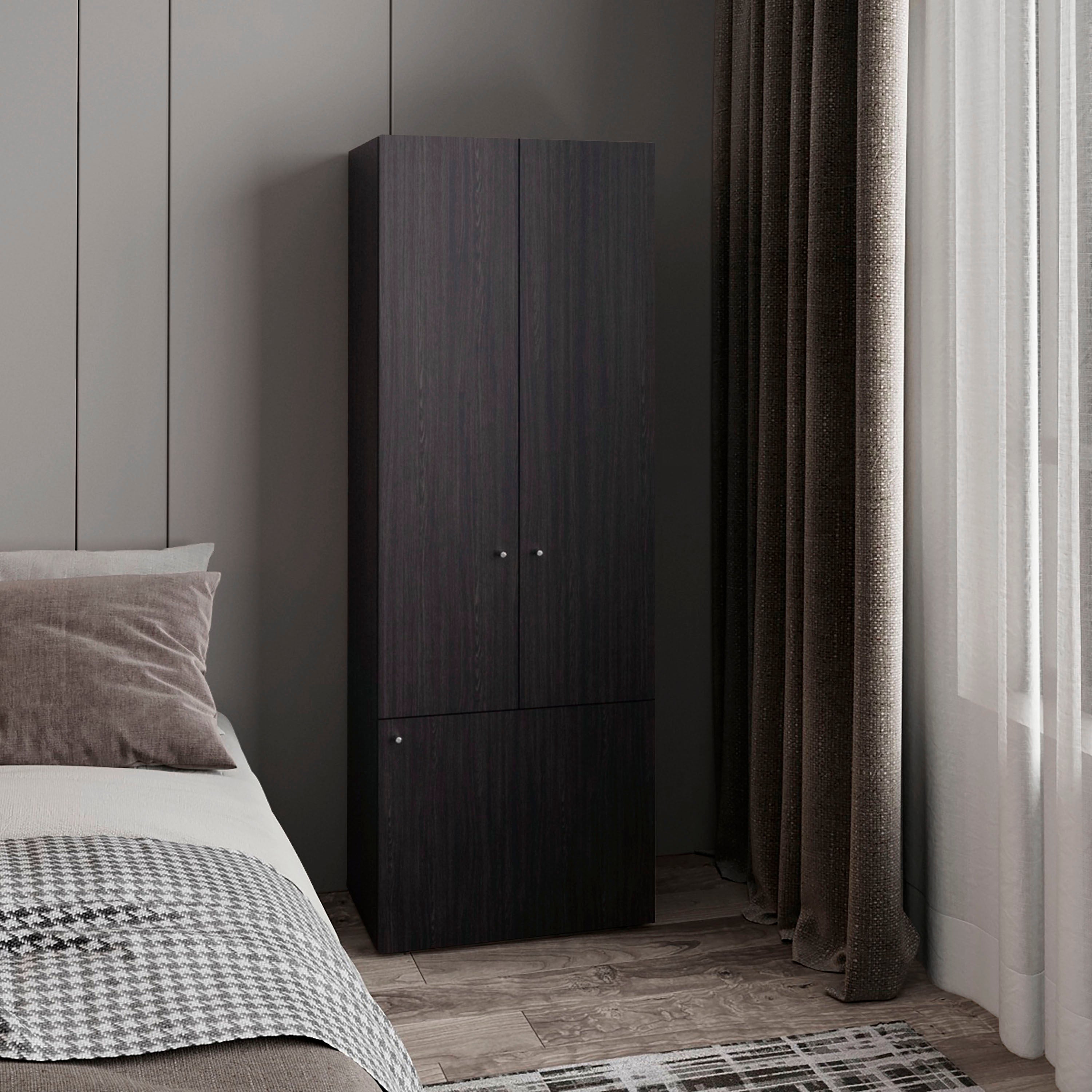 Black 3 Door Closet System: Rod, Shelves, Freestanding Storage