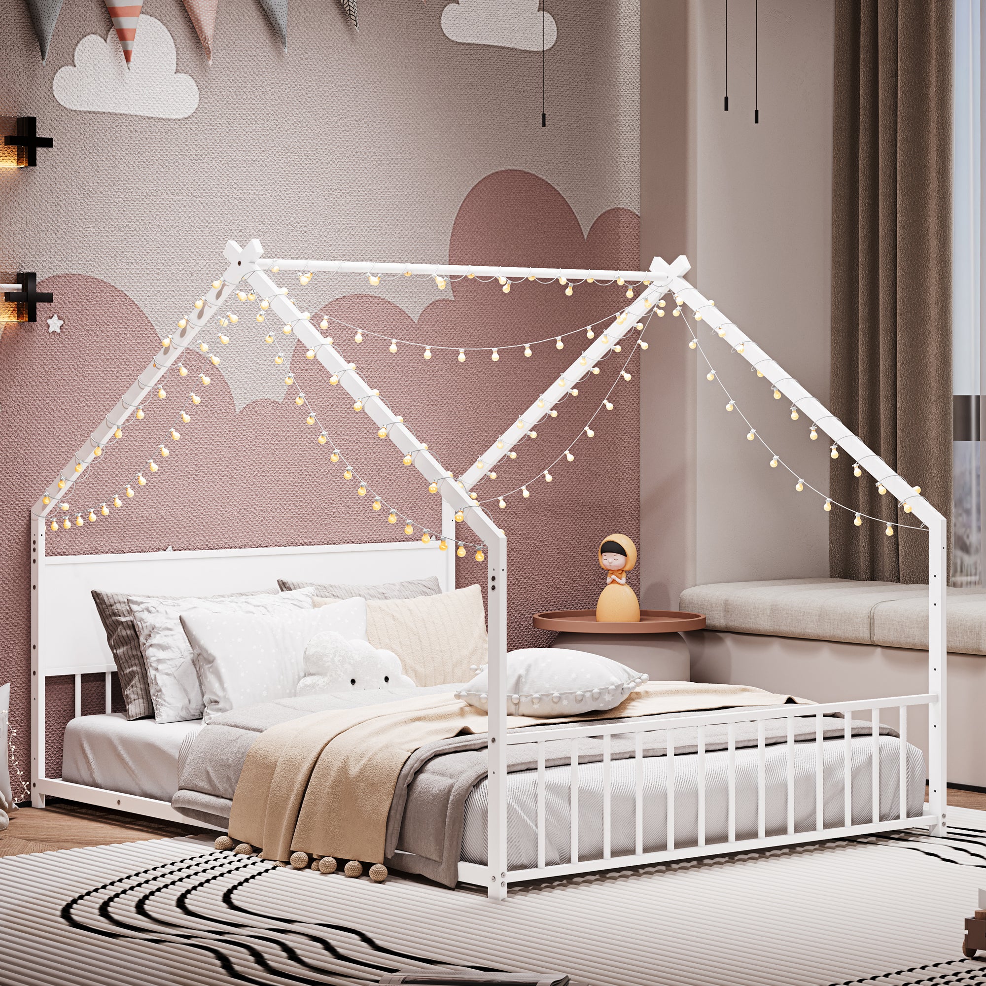 White Full Size Metal House Bed w/ Roof & LED Lights - No Box Spring