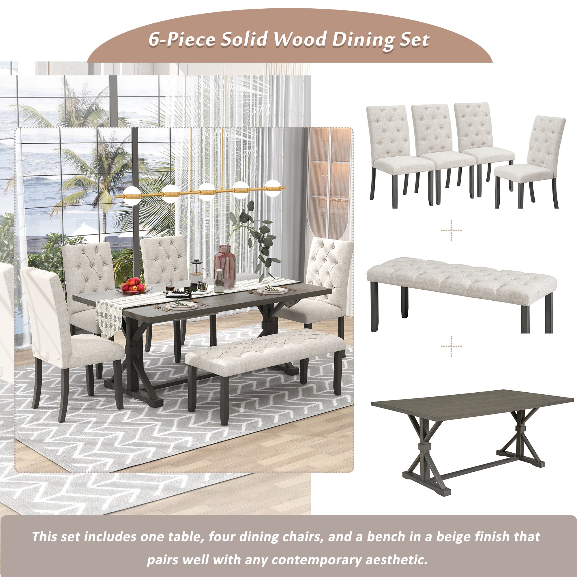 6-Pc Farmhouse Dining Set - Gray