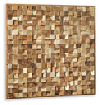 Brown and natural wood block mosaic wall decor with glossy square cube pattern