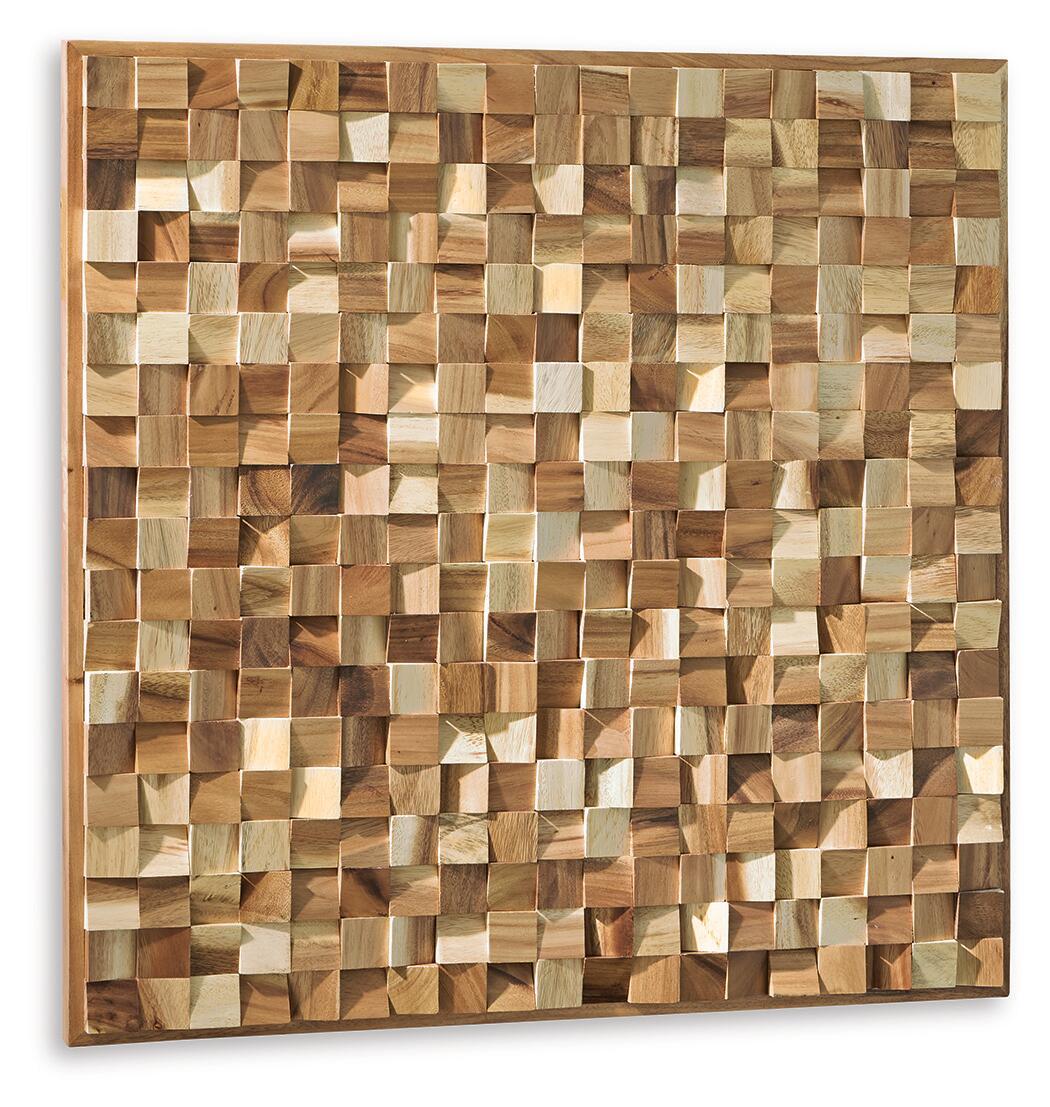 Brown and natural wood block mosaic wall decor with glossy square cube pattern