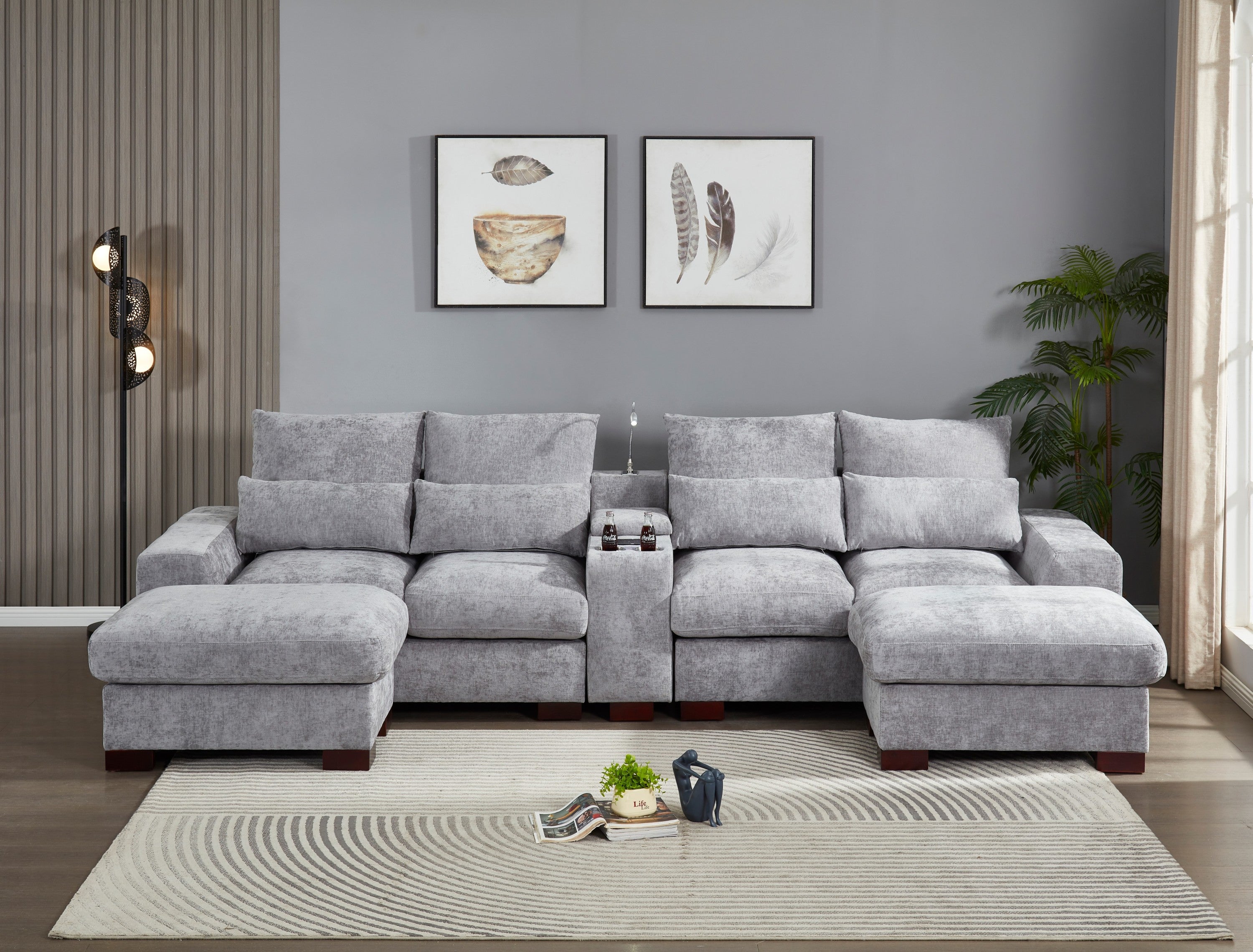 Modern Sectional Sofa w/ Console, USB, Light & Cupholder