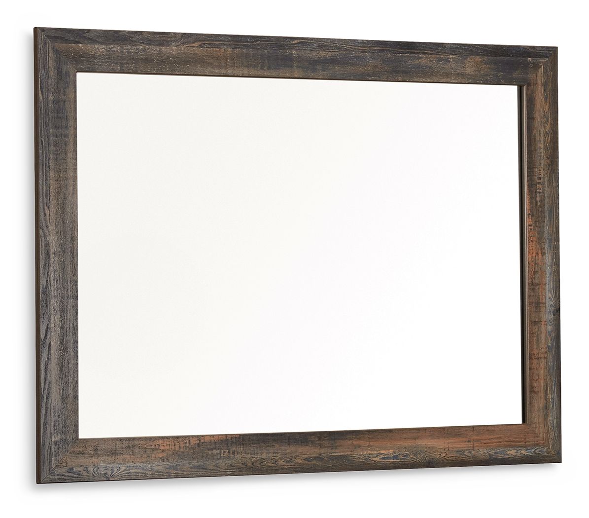 Bedroom mirror rectangular frame with dark brown and beige distressed wood grain