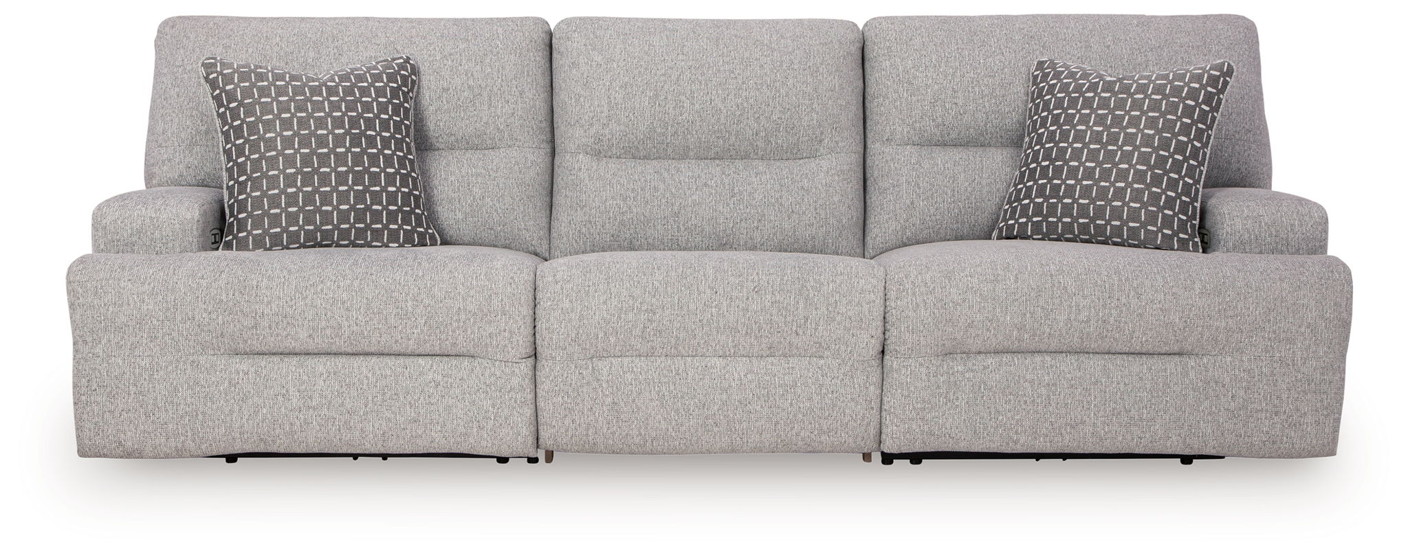 Pewter sectional sofa with three seat sections and two patterned accent pillows