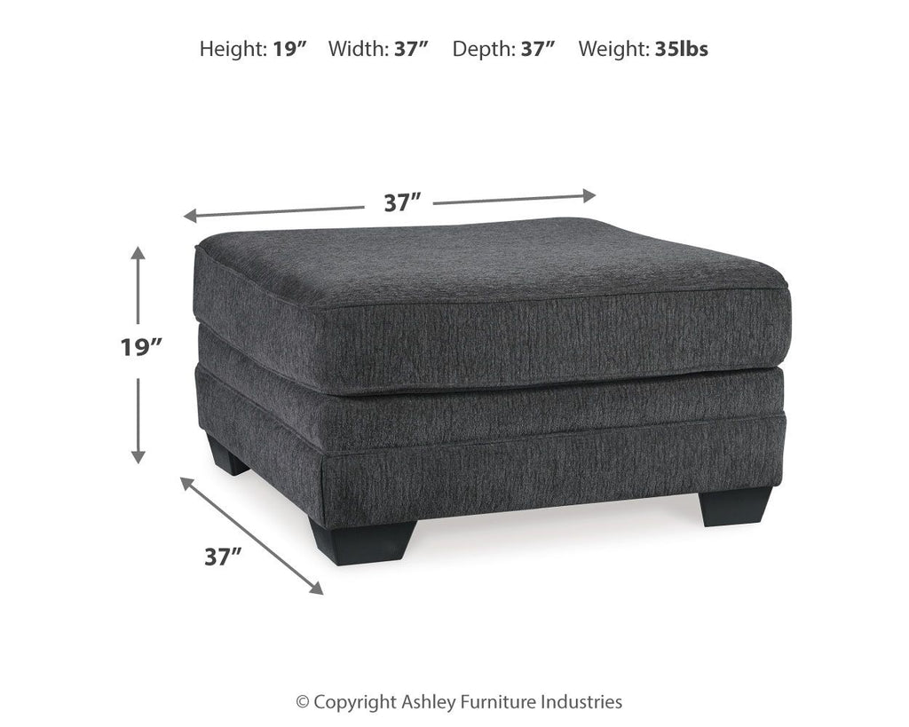 Slate gray upholstered ottoman with size labels: 19 in height, 37 in width, 37 in depth