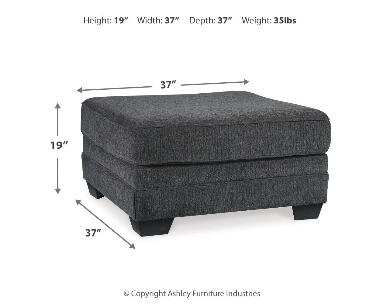 Slate gray upholstered ottoman with size labels: 19 in height, 37 in width, 37 in depth