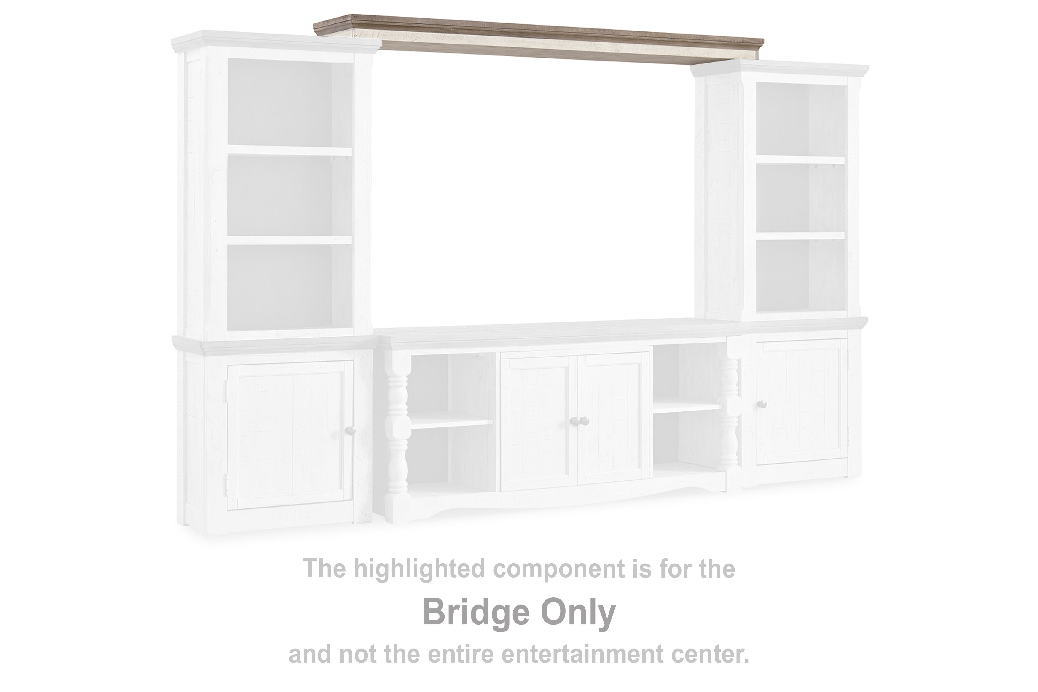White entertainment center bridge insert with two side shelves