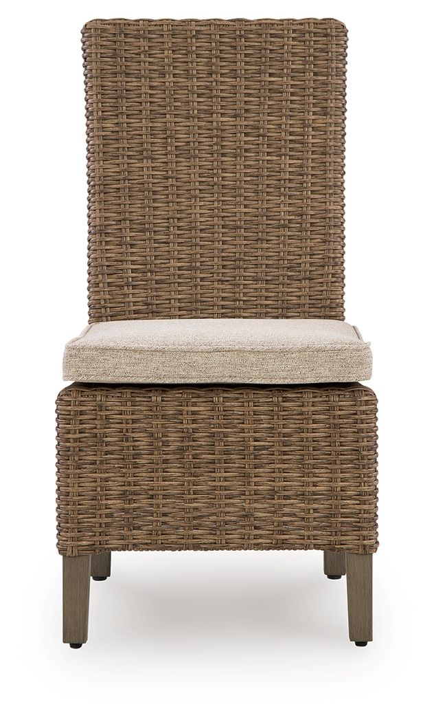 Woven side chair with beige cushion and dark wooden legs