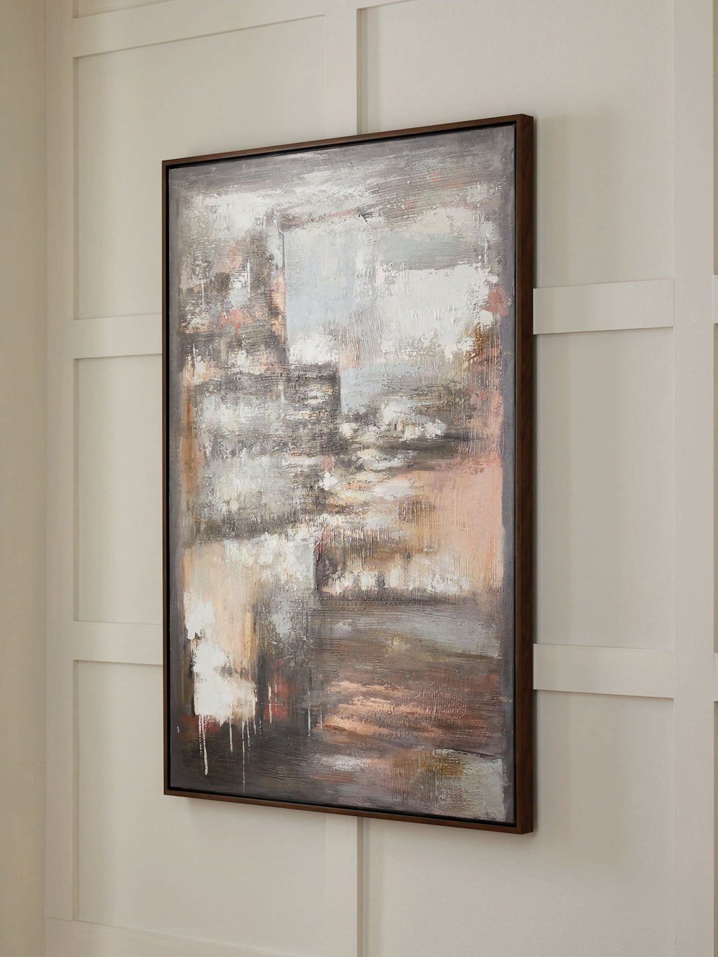 Framed abstract wall art painting with beige, gray, and brown layered brush textures