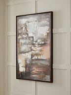 Framed abstract wall art painting with beige, gray, and brown layered brush textures