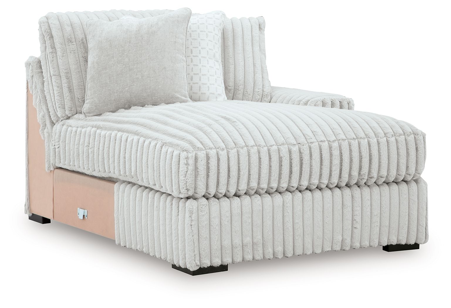 Light gray chaise lounge side view with ribbed base and seat cushions