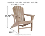 Outdoor Adirondack chair in light brown with slatted back, wide arms, and leg rests.