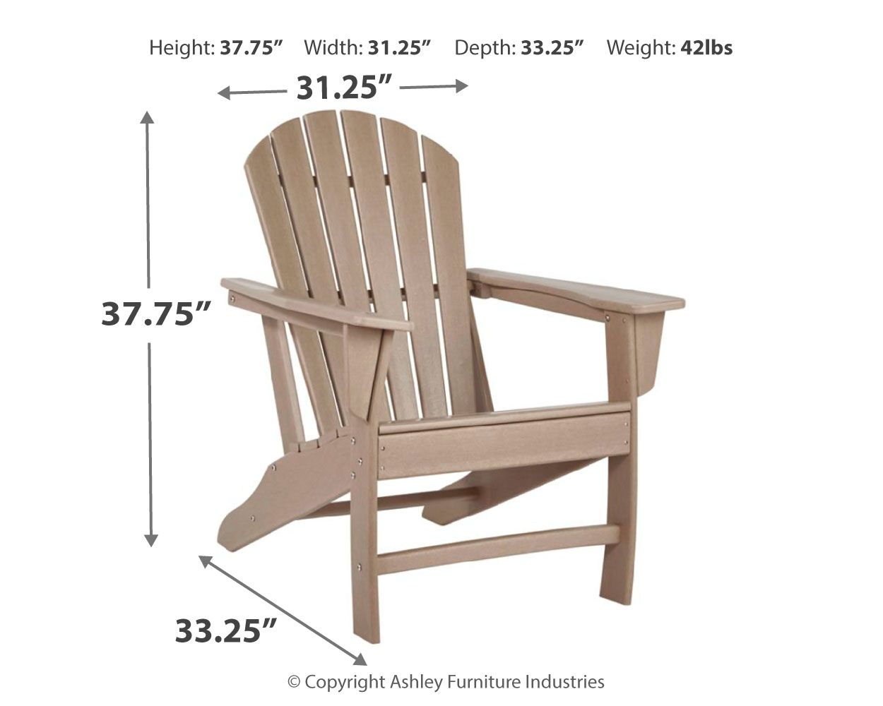 Outdoor Adirondack chair in light brown with slatted back, wide arms, and leg rests.