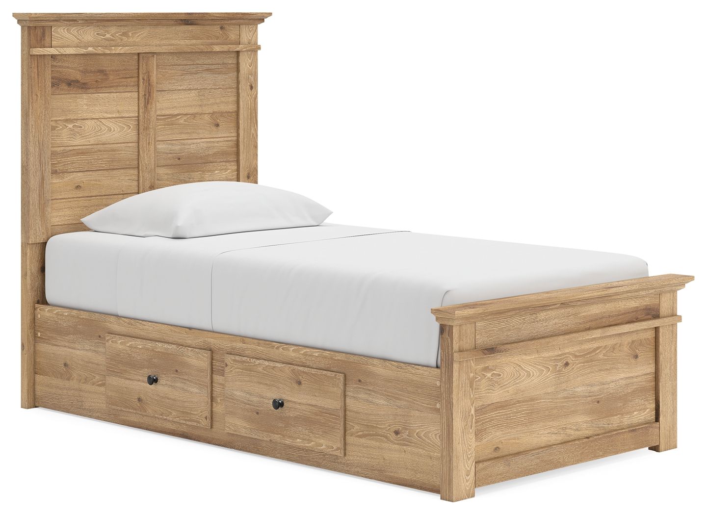 Panel storage bed with light brown wood frame and upholstered white mattress, with two front drawers