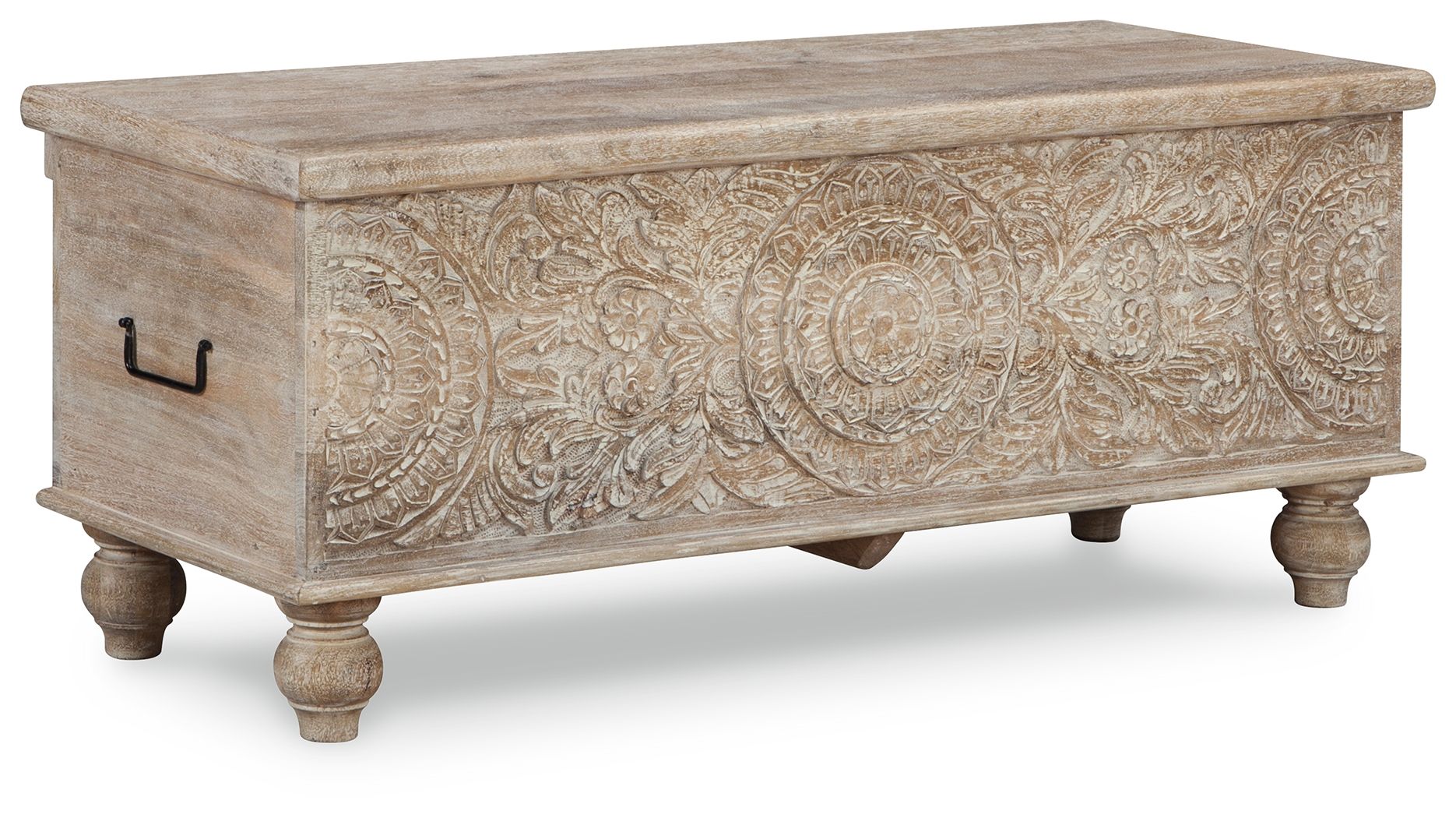 Beige storage bench with carved front panel, black handle, and turned wooden legs