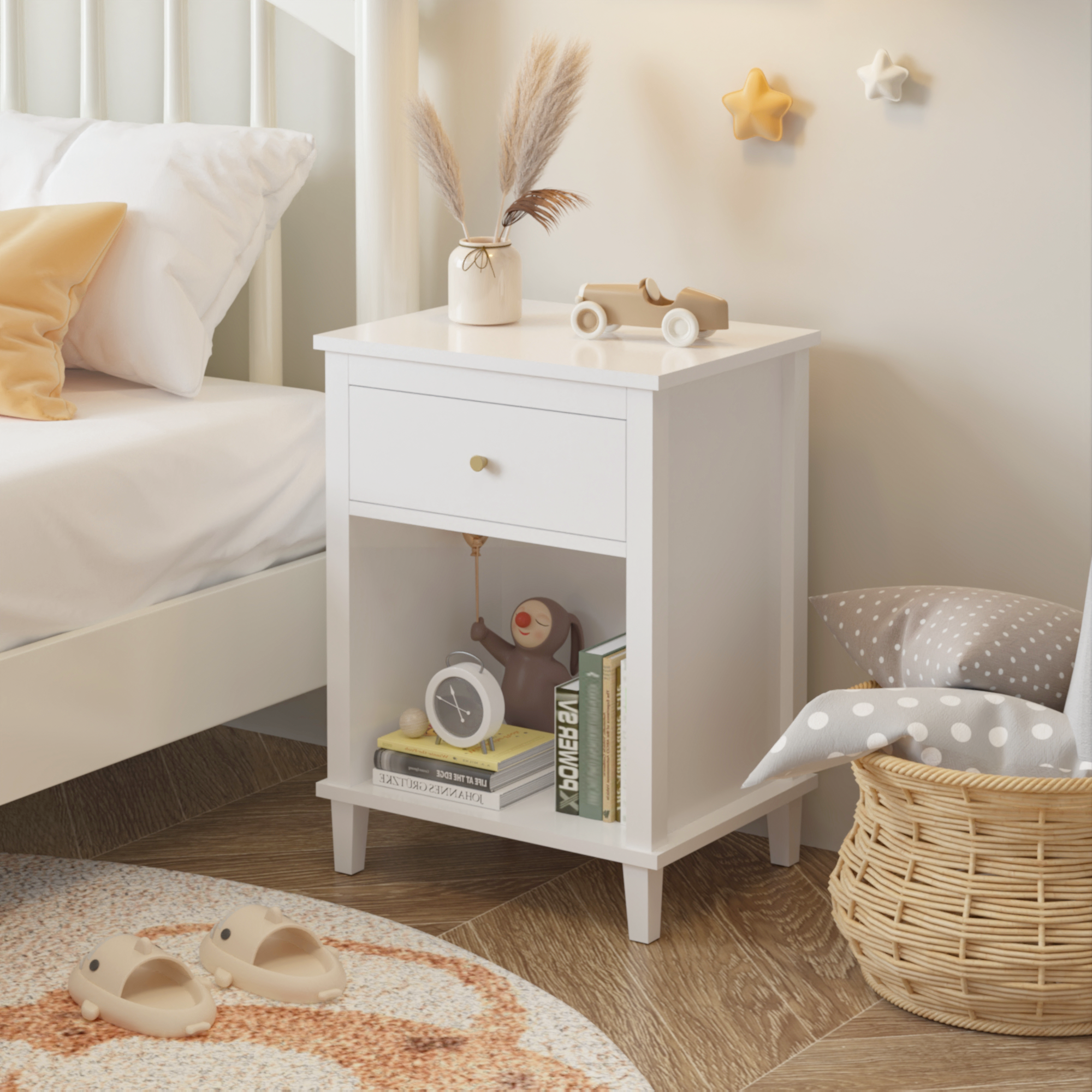 White Wooden Nightstand: Drawer, Shelf, Gold Handle for Kids & Adults