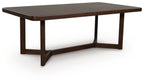 Dark brown rectangular extension dining table with flat top and side aprons.
