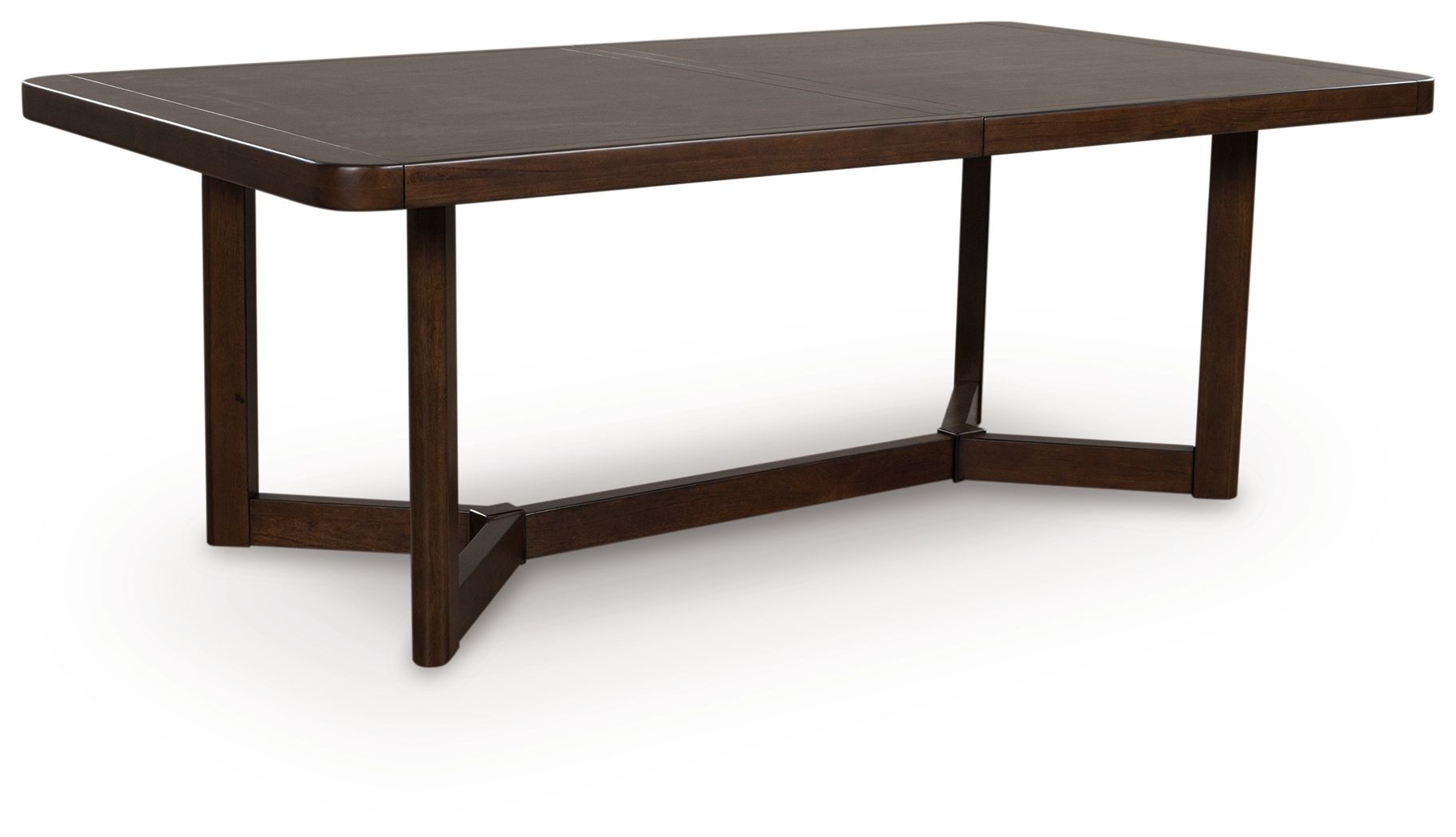 Dark brown rectangular extension dining table with flat top and side aprons.
