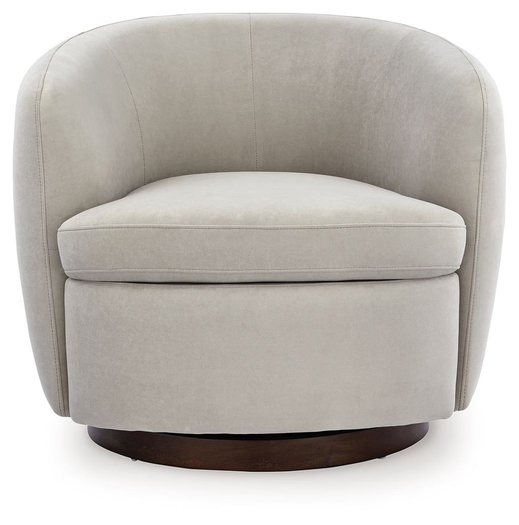 Light beige swivel accent chair with curved backrest, cushioned seat, dark brown base