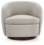 Light beige swivel accent chair with curved backrest, cushioned seat, dark brown base