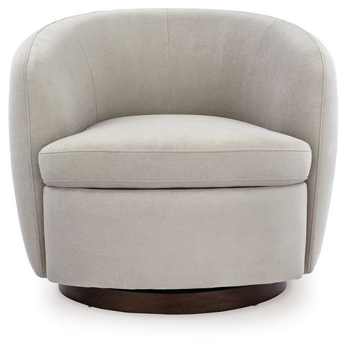 Light beige swivel accent chair with curved backrest, cushioned seat, dark brown base