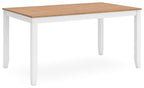 White dining table with light wood rectangular top and four tapered legs