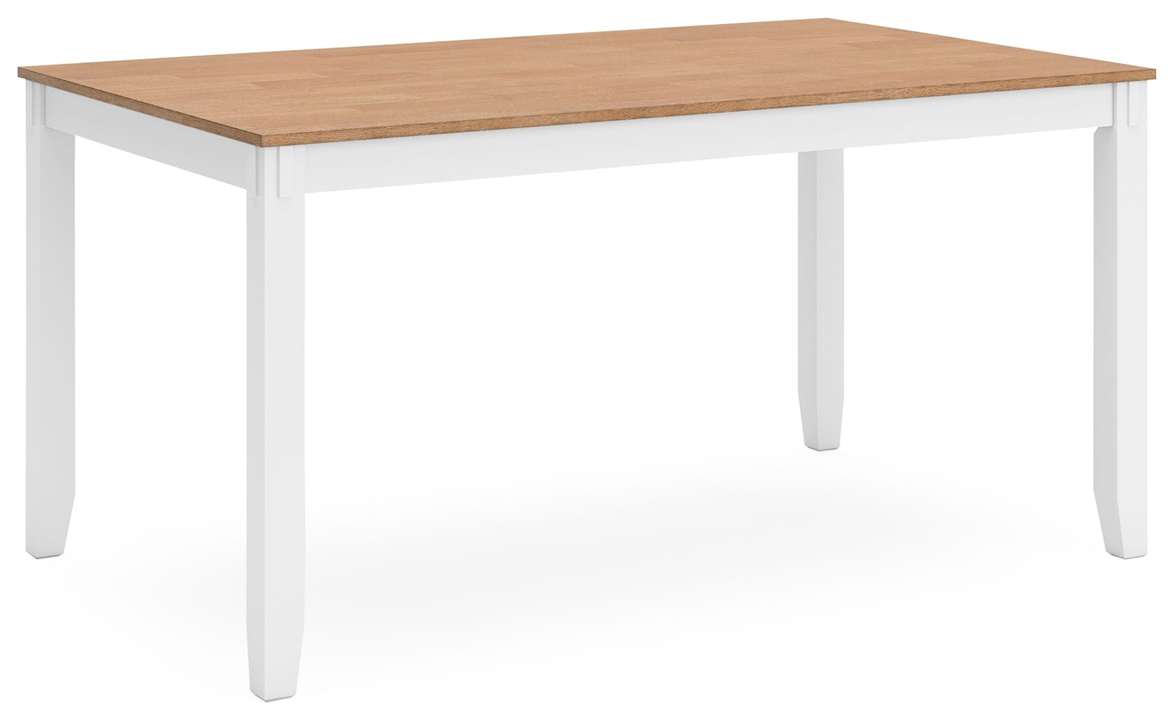 White dining table with light wood rectangular top and four tapered legs