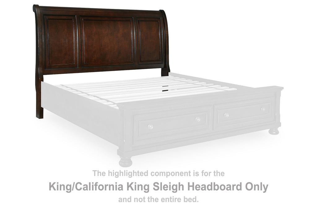 King sleigh headboard in dark rustic brown wood with curved top and panel detailing