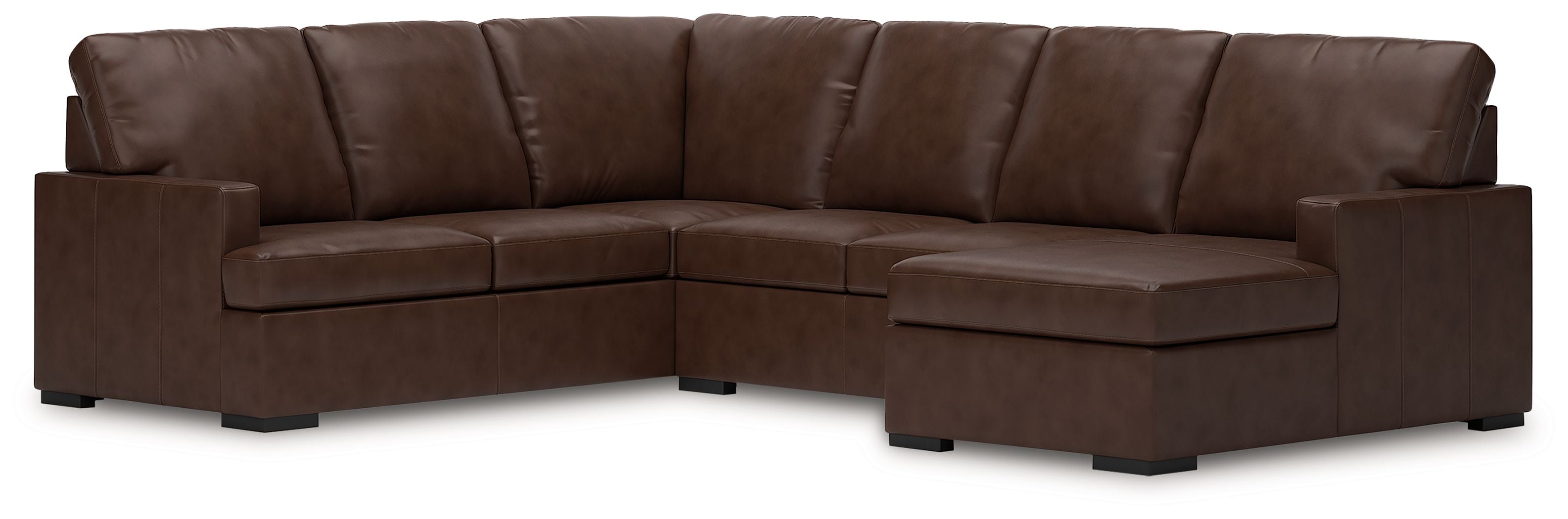 Coffee-brown sectional sofa with chaise, padded arms and button-tufted back cushions