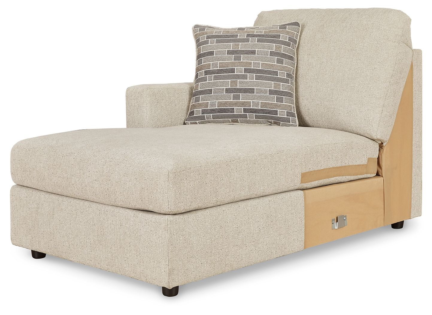 Pearl silver corner chaise with brick-pattern throw pillow and wood side panel