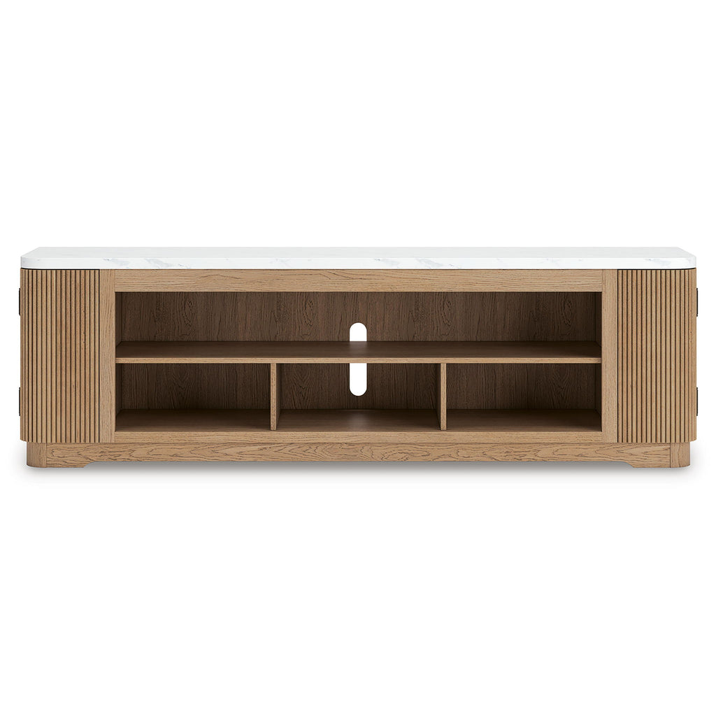 Light brown TV stand with three-tier open shelves and centered vertical cutout