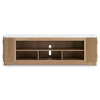Light brown TV stand with three-tier open shelves and centered vertical cutout