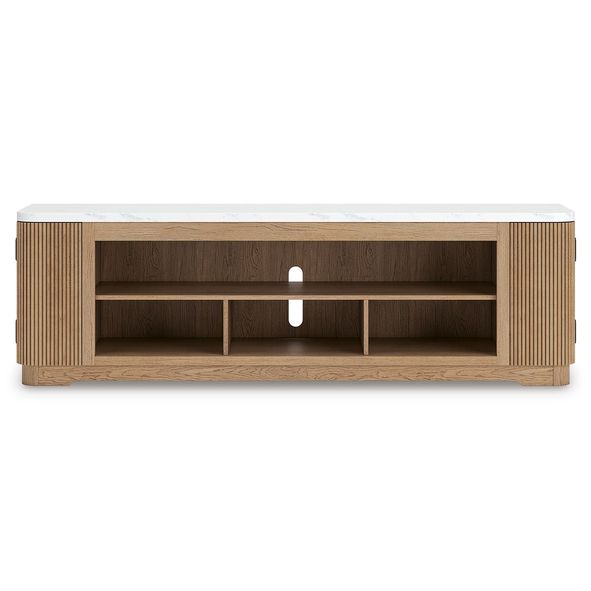Light brown TV stand with three-tier open shelves and centered vertical cutout
