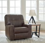 Brown rocker recliner with padded arms, tufted back, and smooth cushioned seat