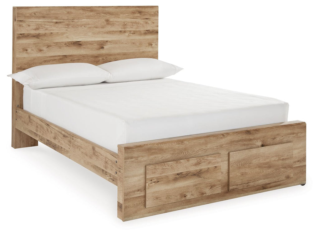 Storage bed with side drawer panels, light beige wood frame and white mattress