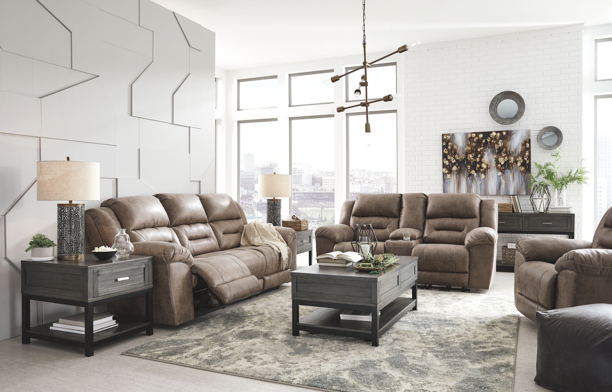 Reclining sofa, loveseat, and recliner set in dark brown with padded headrests