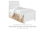 Under-bed storage with side rail, whitewashed wood, open drawer compartments