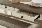 Rectangular dining room table open drawer with dark tabletop and beige base