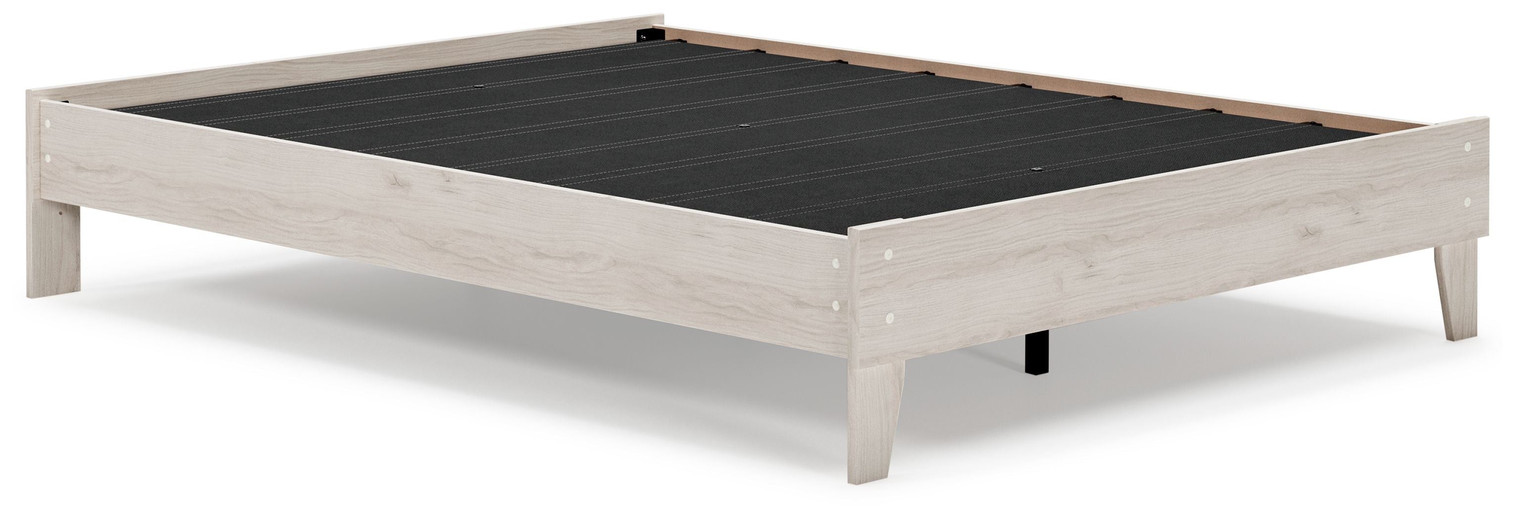 Platform bed frame in light wood with slatted support panel