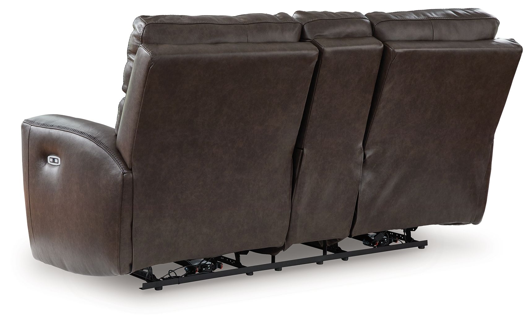 Dark brown power reclining loveseat with exposed footrest mechanism under seat