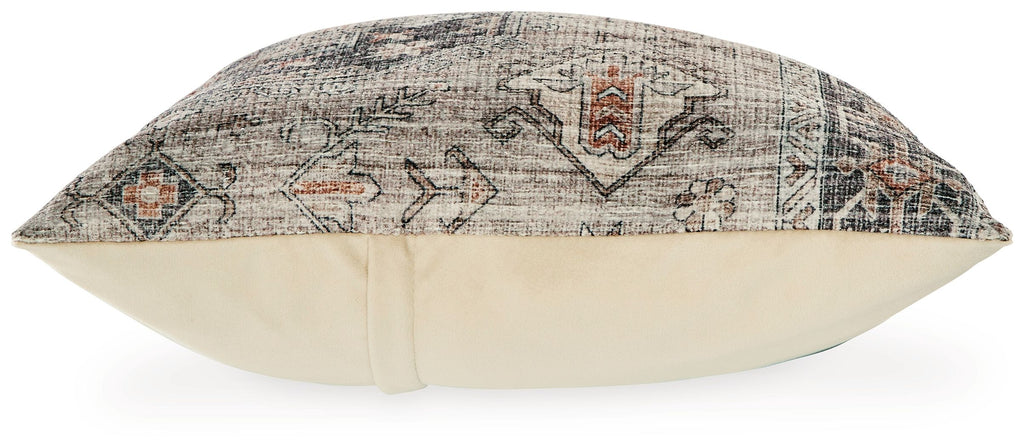 Geometric patterned decorative pillow with beige reverse side
