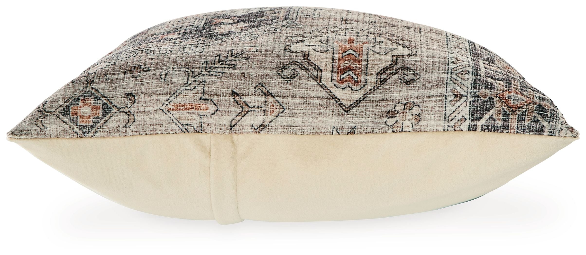 Geometric patterned decorative pillow with beige reverse side