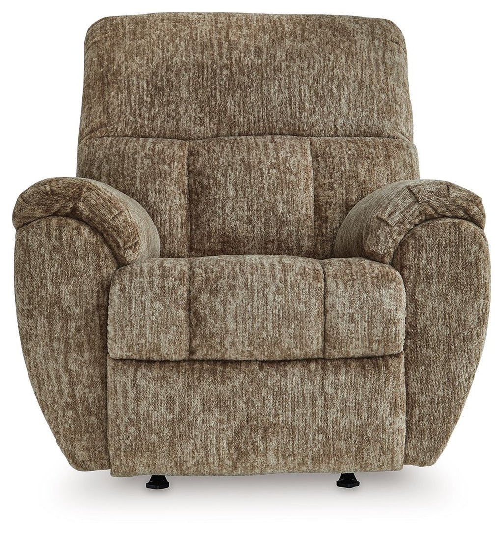 Taupe rocker recliner chair with wide padded arms and split back cushions