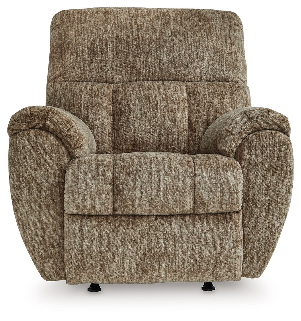 Taupe rocker recliner chair with wide padded arms and split back cushions