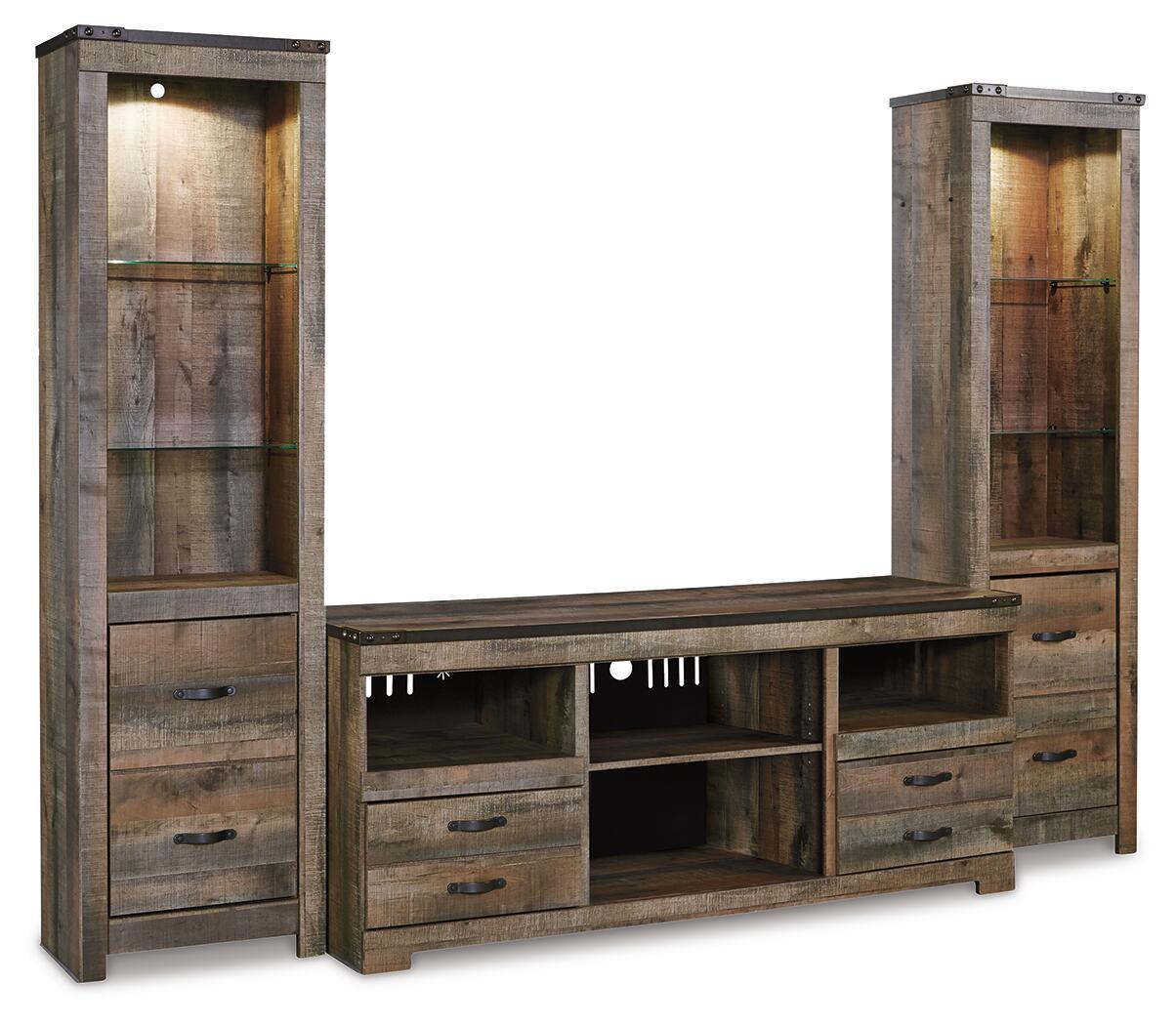 Dark brown entertainment center with two glass-door cabinets and central TV console with drawers